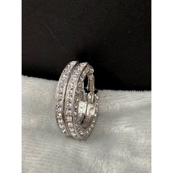 Vintage KJL Earrings Signed Clip‎ Ons Crystal Bling Hoops - Picture 3 of 7